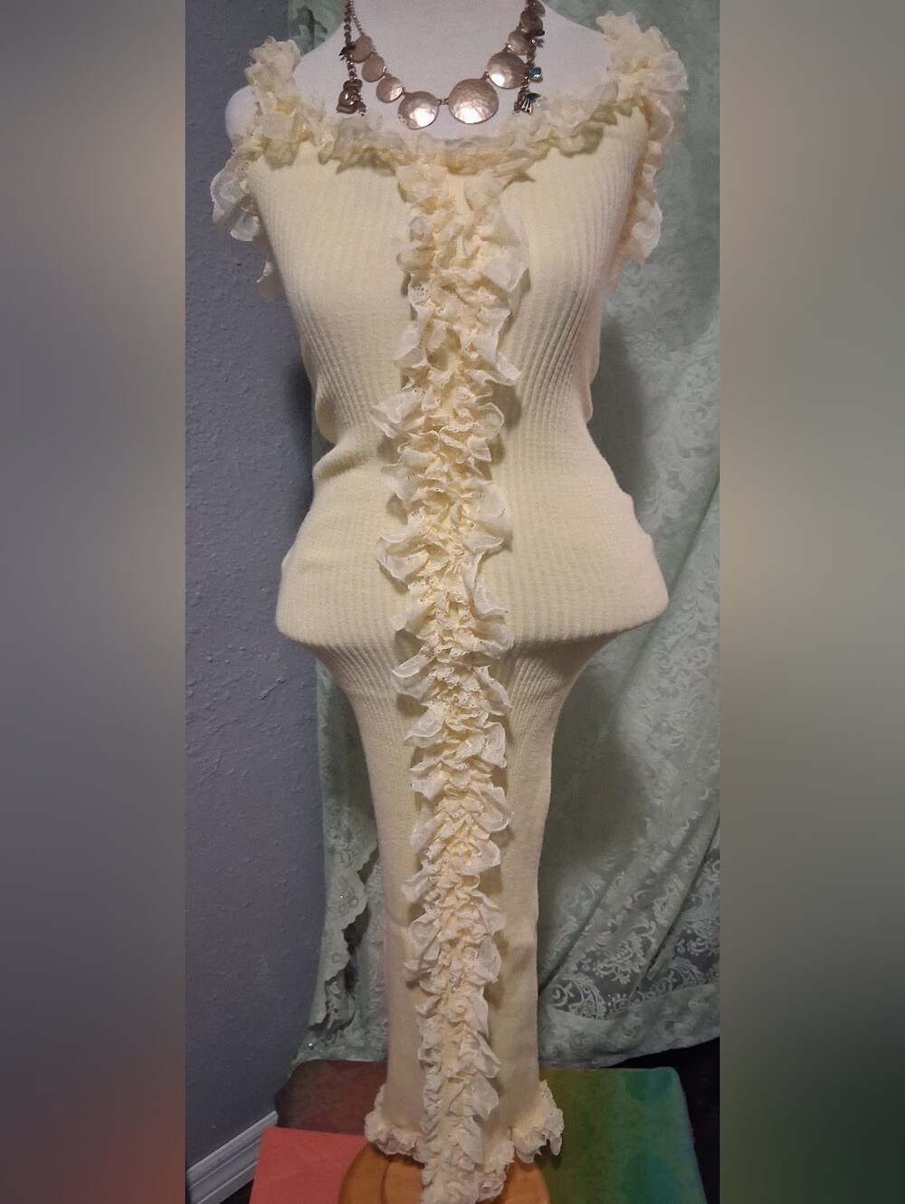 Meshki Pale Yellow Ribbed Maxi Dress with Center Ruffle - Picture 2 of 7